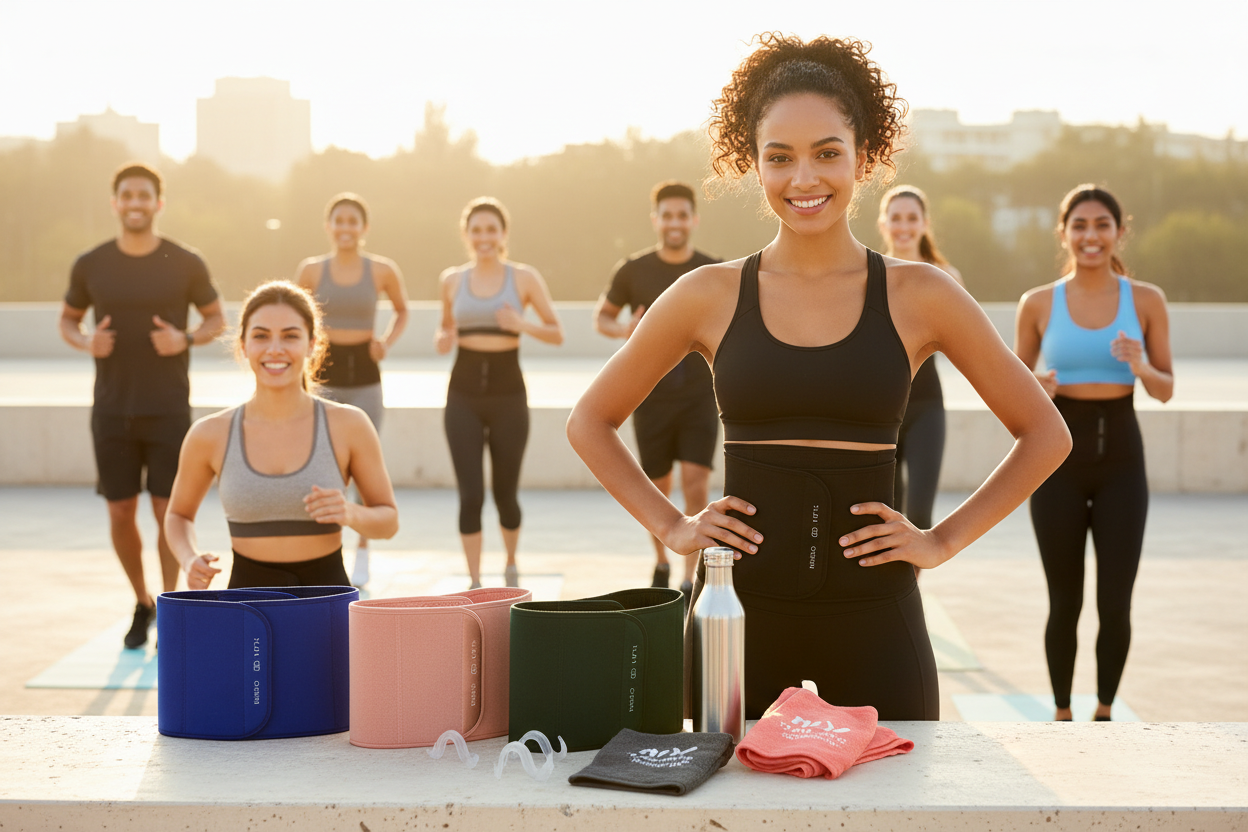 I want an image that shows accessories and fitness equipment such as waist trainers that make people happy. You can show these people in the background wearing a waist trainer, especially a girl. 